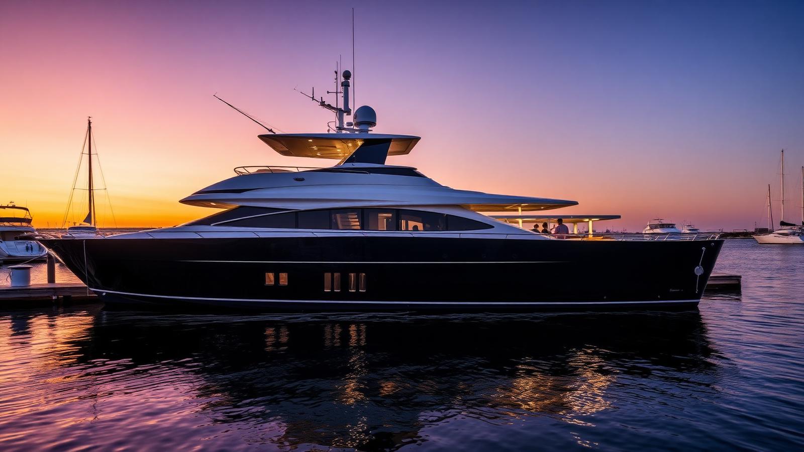 Schaefer luxury day-yacht at a Florida Gulf Coast harbor at sunset